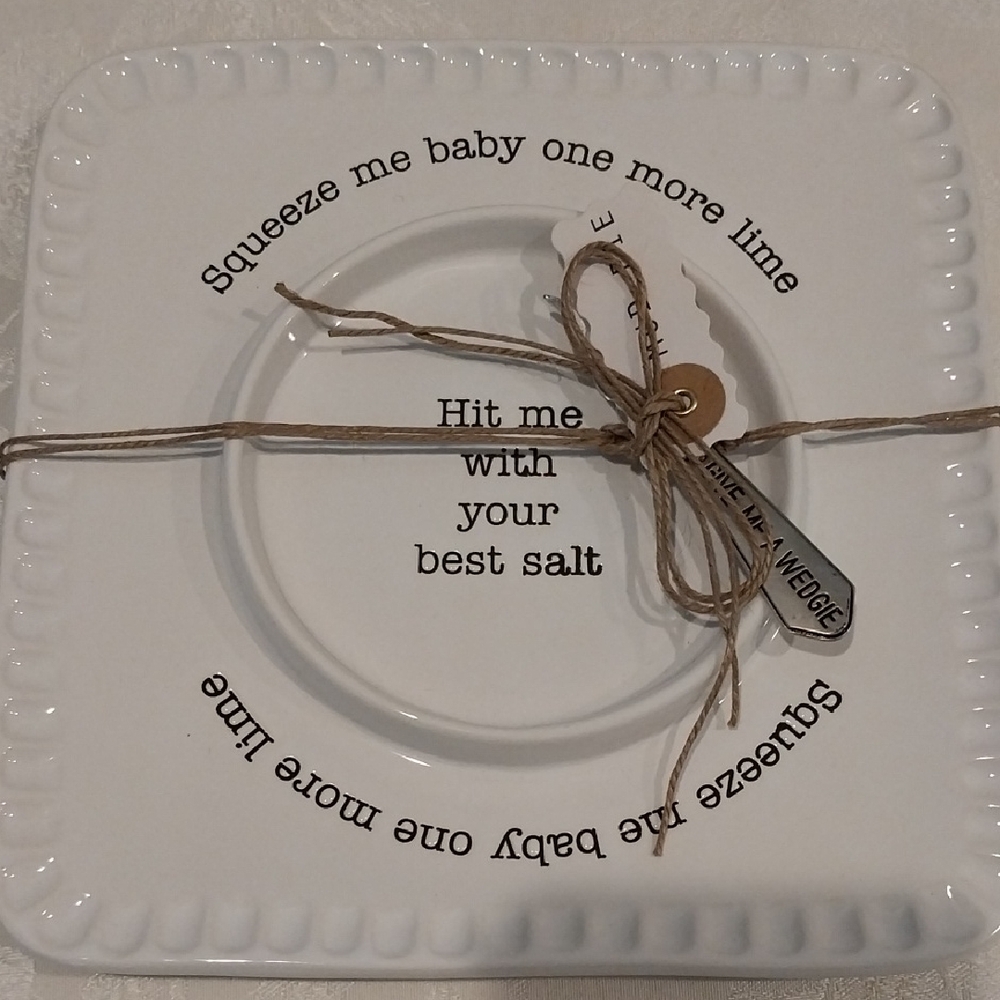 Mud Pie White Ceramic Margarita Plate with Fun Text